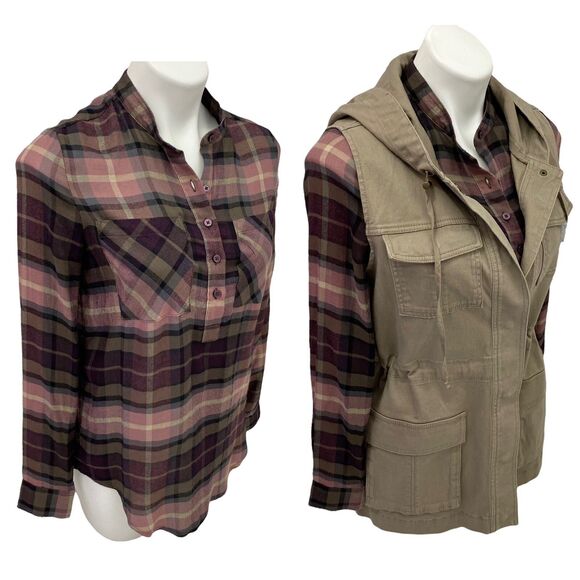 Workshop Republic Clothing Top Womens XS Plaid Hooded Pocket Jacket Vest Nature - Picture 4 of 13